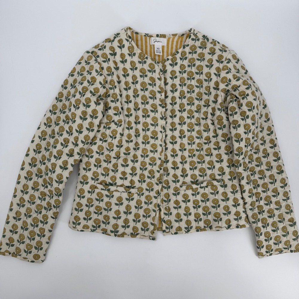 Japna Quilted Cotton Floral Block Print Jacket Yellow White XS